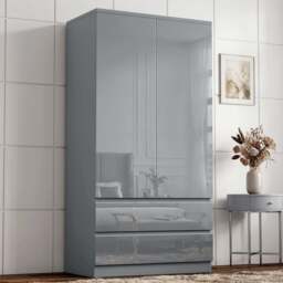 High Gloss 2 Door Wardrobe With Drawers and Hanging Rail - Grey