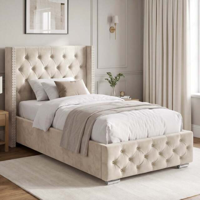 Cross Pattern Velvet Ottoman Storage Bed - Winged Bed Frame - image 1