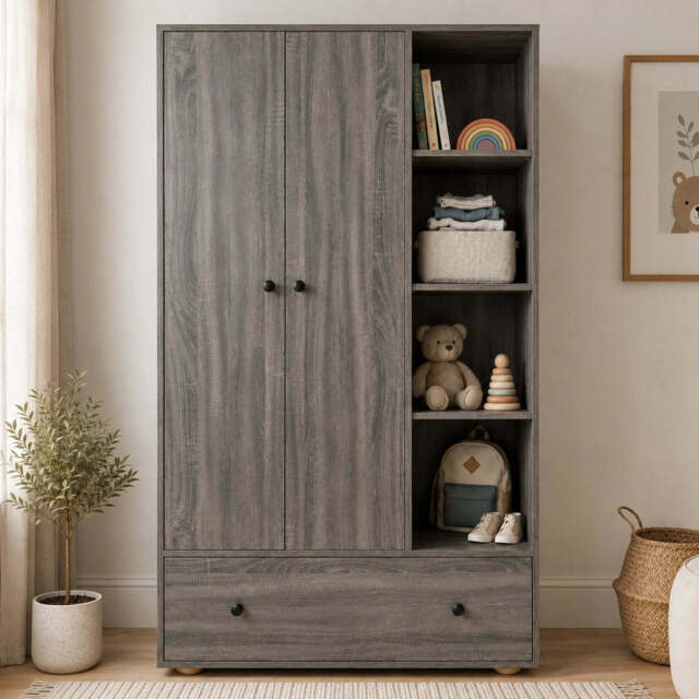 Kids Triple Wardrobe with Drawer & Open Shelves - Wooden Grey - image 1