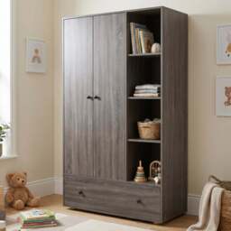 Kids Triple Wardrobe with Drawer & Open Shelves - Wooden Grey - thumbnail 2