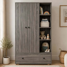 Kids Triple Wardrobe with Drawer & Open Shelves - Wooden Grey