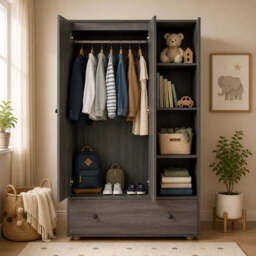 Kids Triple Wardrobe with Drawer & Open Shelves - Wooden Grey - thumbnail 3