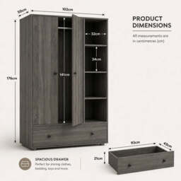 Kids Triple Wardrobe with Drawer & Open Shelves - Wooden Grey - thumbnail 4