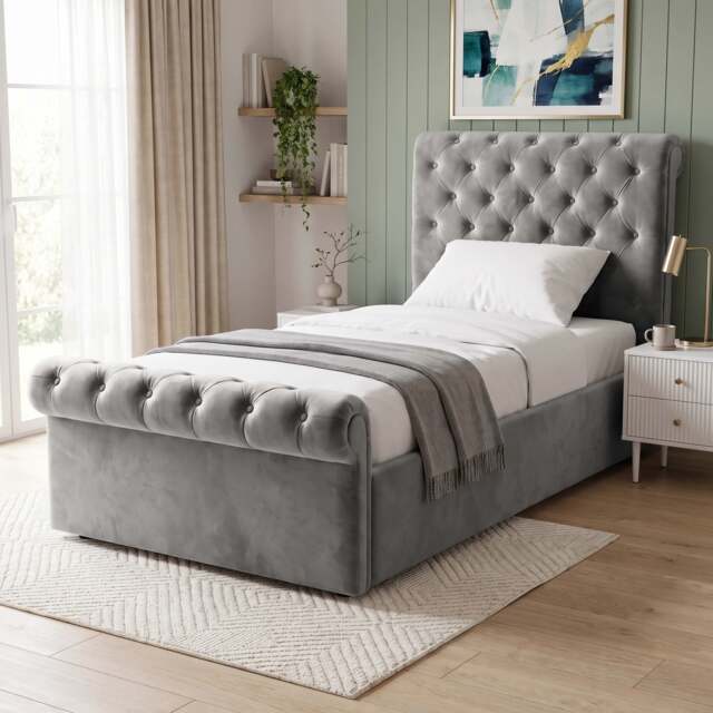 Chesterfield Ottoman Storage Bed Frame Side Lift - Single (3ft) / Grey