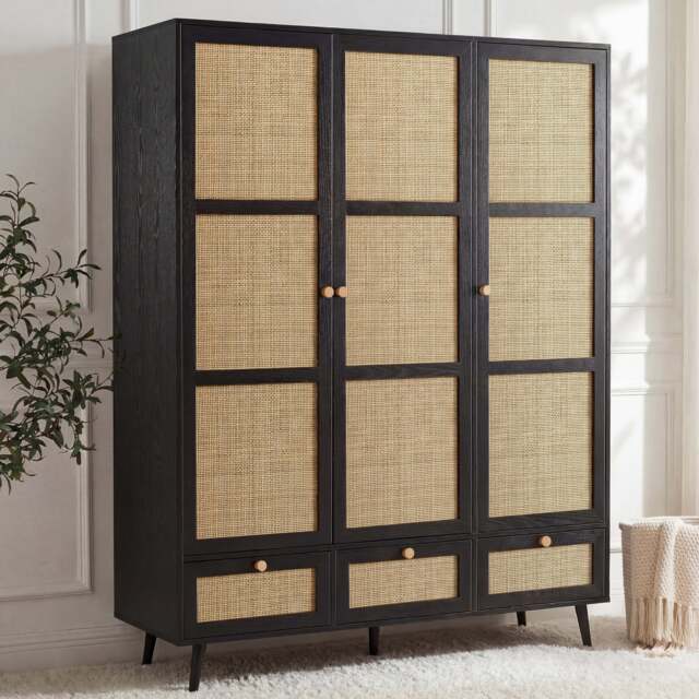Rattan 3 Door Wardrobe With Drawers and Adjustable Shelves - Black - image 1