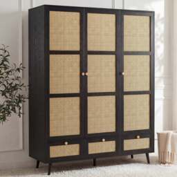 Rattan 3 Door Wardrobe With Drawers and Adjustable Shelves - Black