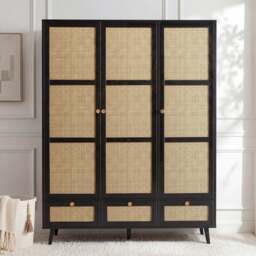 Rattan 3 Door Wardrobe With Drawers and Adjustable Shelves - Black - thumbnail 3