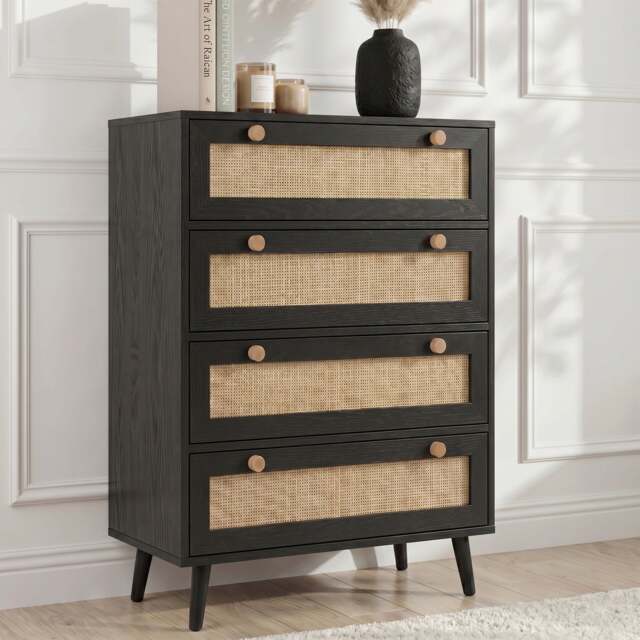 Wovena Rattan 4 Drawer Chest of Drawers, Black - image 1