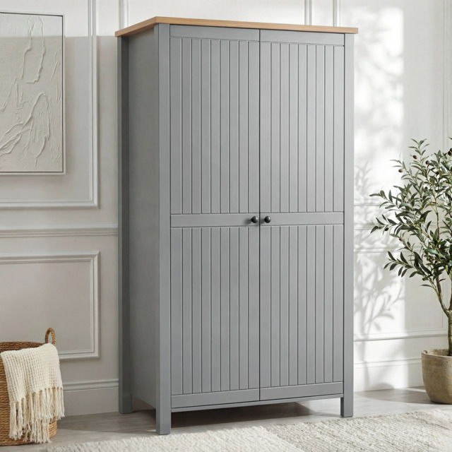 Linra Grey Painted 2 Door Wardrobe With Shelves - Oak Top - image 1