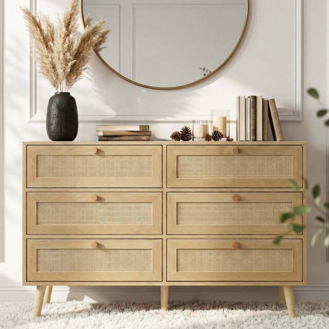 Wovena Rattan Wide 6 Chest of Drawers - Oak Effect Bedroom Dresser - image 1