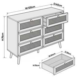 Wovena Rattan Wide 6 Chest of Drawers - Oak Effect Bedroom Dresser - thumbnail 4
