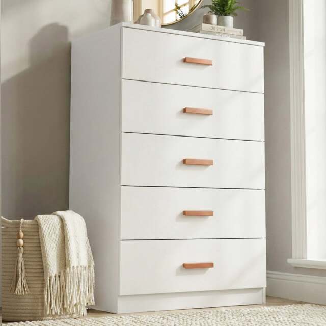 Tall 5 Drawer Chest of Drawers - Bedroom Storage - White