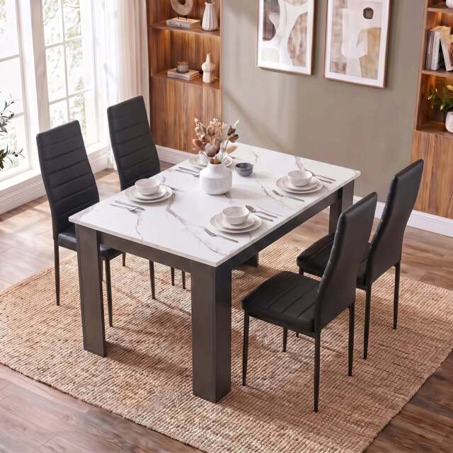 4-6 Seater Dining Table and Chairs Set, - White Marble Effect - 4 Seater / Black