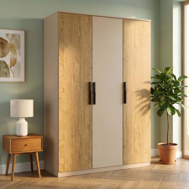 Blythe 3 Door Wardrobe with Adjustable Shelves and Hanging Rail - Oak+Cashmere