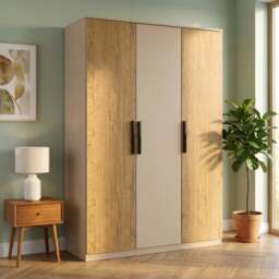 Blythe 3 Door Wardrobe with Adjustable Shelves and Hanging Rail - Oak+Cashmere