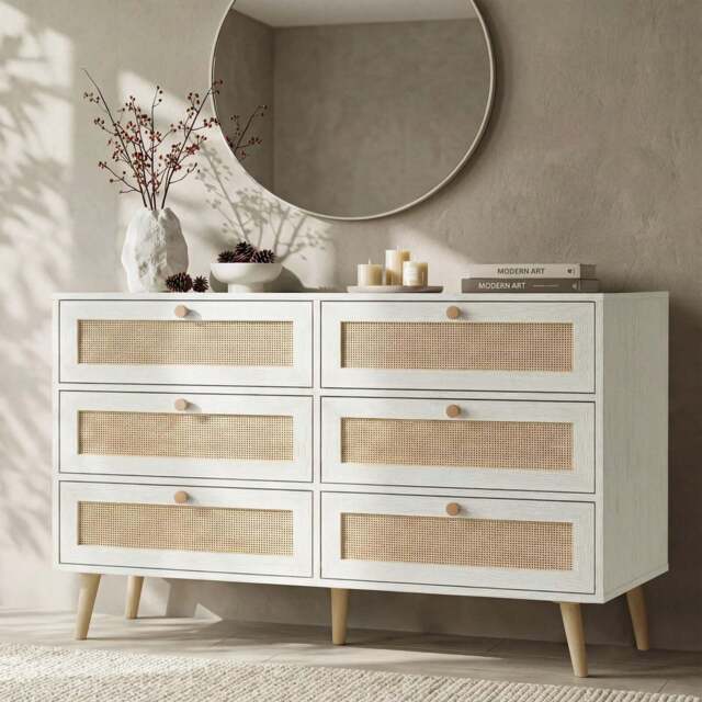 Wovena White Rattan Wide 6 Chest of Drawers - Bedroom Dresser - image 1