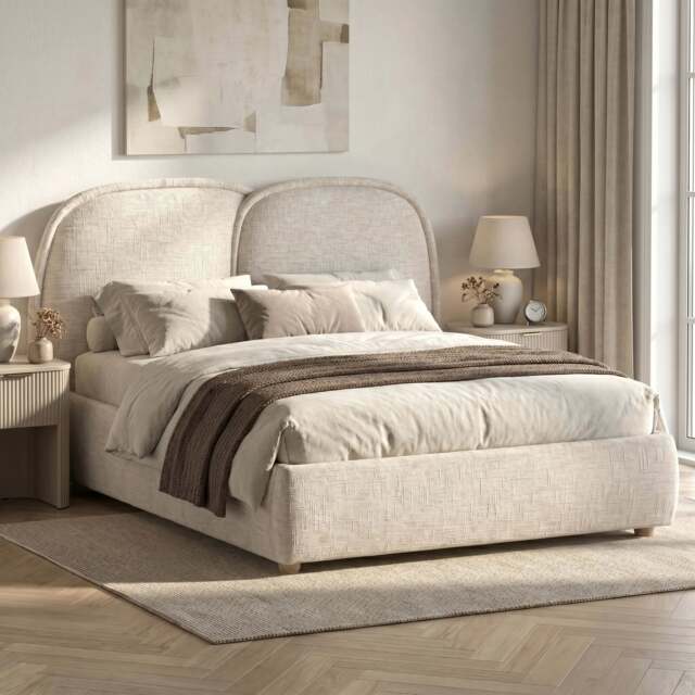 Embracea Puffed Headboard Bed Frame Double, King Upholstered - King Size (5ft) / Beige