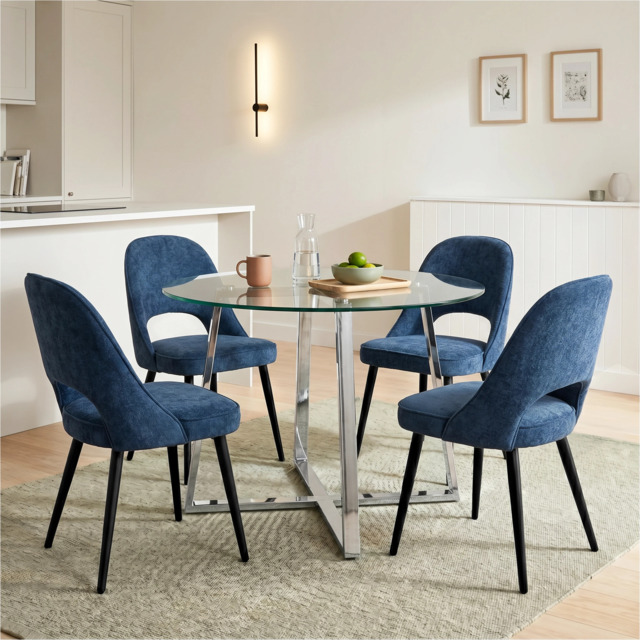 Kyvon Glass Round Dining Table Set with 4 Chairs - Blue