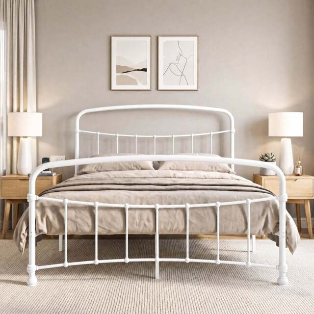 Metal Bed Frame with Curved Headboard, Single, Double and King - King / White