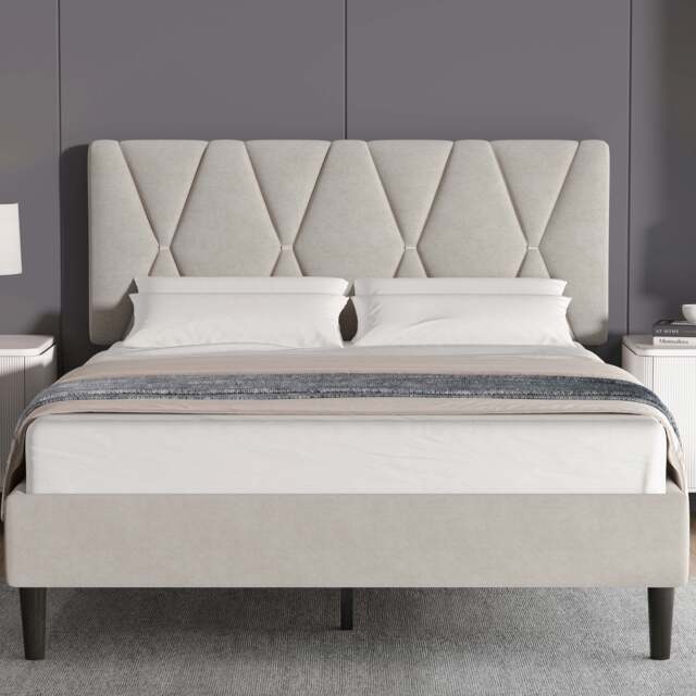 Velvet Double Bed Frame with Headboard Upholstered King Size Bed Frame - Double (4ft6) / Beige