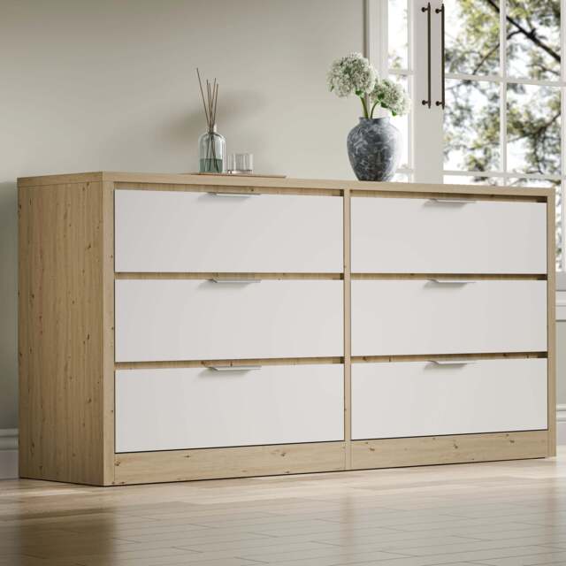 Skova Large 6 Chest of Drawers - Wide Bedroom Dresser - Oak+White