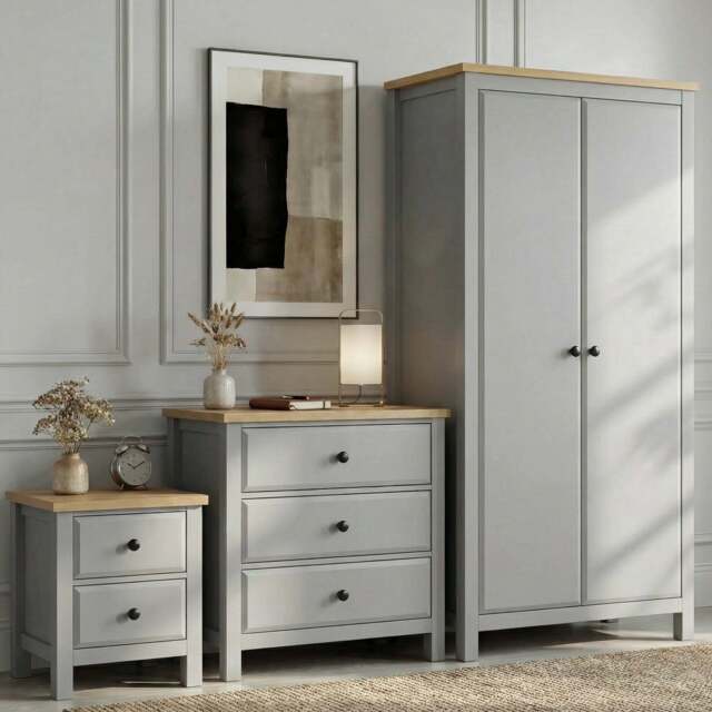 Haven Painted 3 Piece Bedroom Furniture Set Grey - Oak Top - image 1