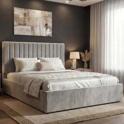 Vertical Line Ottoman Storage Bed - Velvet Ottoman Bed Frame - Small Double (4ft) / Light Grey