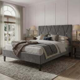 Velvet Double Bed Frame with Headboard Upholstered King Size Bed Frame - Double (4ft6) / Dark Grey