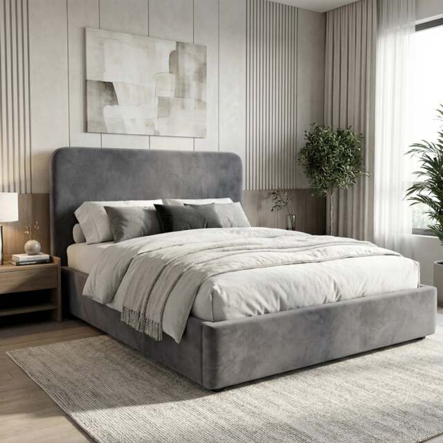 Pluva Velvet Ottoman Storage Bed Frame - Double (4ft6) / Grey