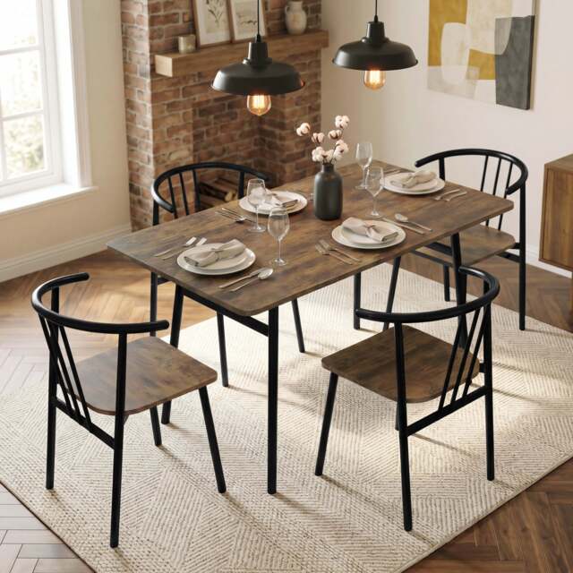 Torvi Industrial Dining Table and 4 Chairs Set, Metal Frame - Rustic