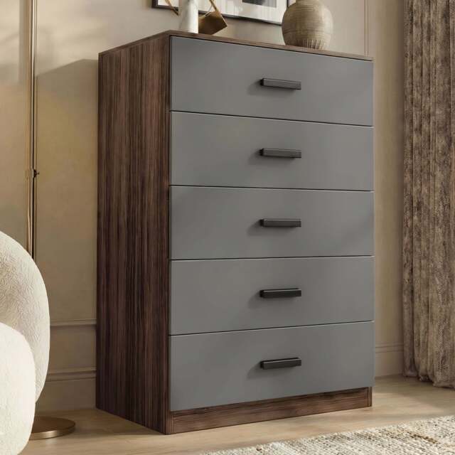Tall 5 Drawer Chest of Drawers - Bedroom Storage - Walnut