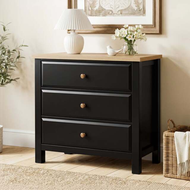 Haven Black Painted 3 Chest of Drawers - Oak Top - image 1