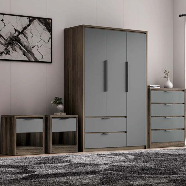 Skova 4 Piece Bedroom Set - Wardrobe and Chest of Drawers - Wooden Grey+Grey