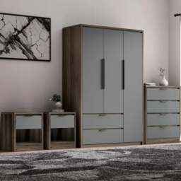 Skova 4 Piece Bedroom Set - Wardrobe and Chest of Drawers - Wooden Grey+Grey