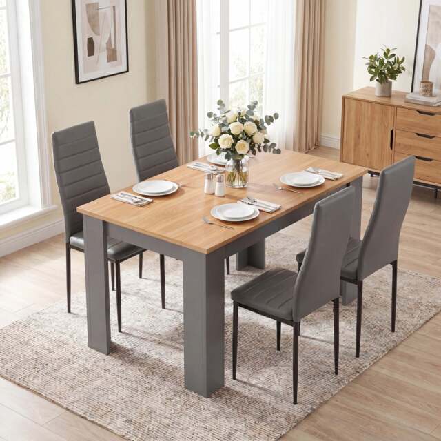 Grey & Pine 4-6 Seater Dining Table and Chairs Set - 4 Seater / Grey