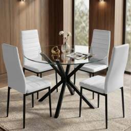 Skyra Round Glass Dining Table and 4 White Chairs Set
