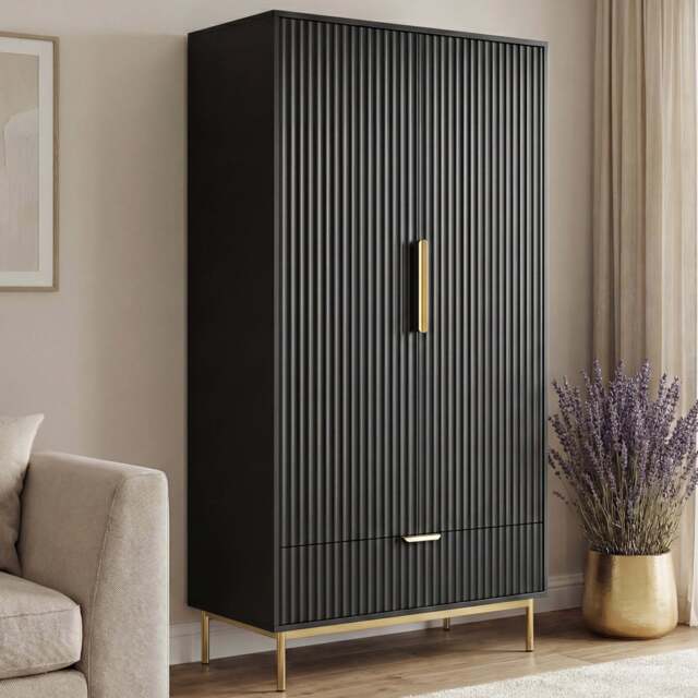 Fluted Painted 2 Door Wardrobe With Drawers and Hanging Rail - Black