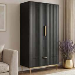 Fluted Painted 2 Door Wardrobe With Drawers and Hanging Rail - Black