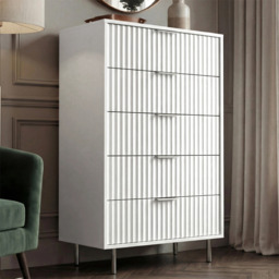 Tall 5 Drawer Chest of Drawers Fluted Design Painted Finish - White
