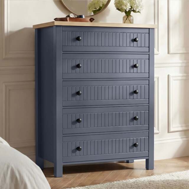 Linra Painted Tall 5 Chest of Drawers - Bedroom Drawers - Blue
