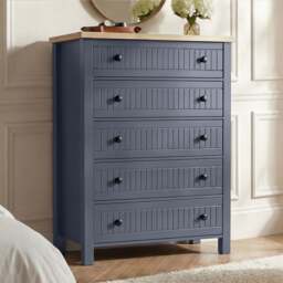 Linra Painted Tall 5 Chest of Drawers - Bedroom Drawers - Blue