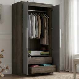 Skova 2 Door Double Wardrobe with Internal Drawers & Rail - Wooden Grey+Grey