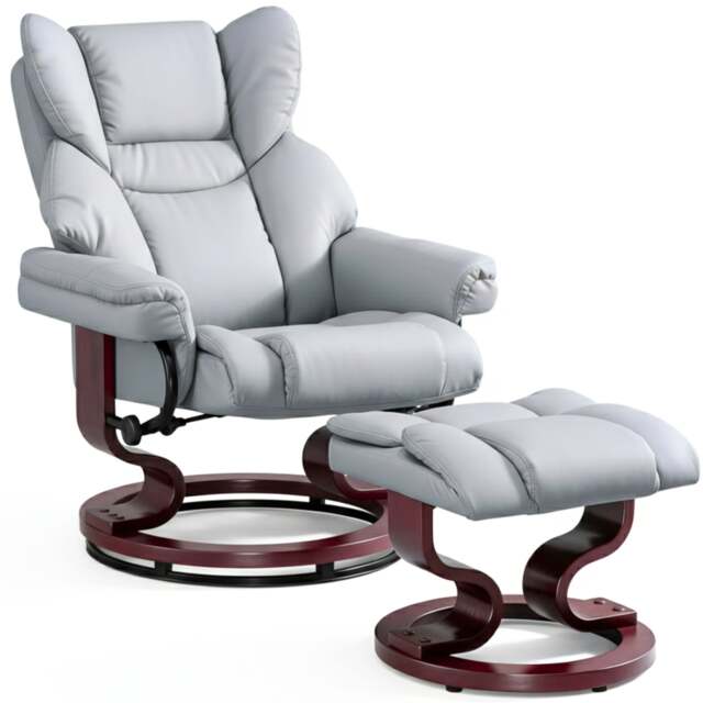 Swivel Recliner Chair with Footstool - Recliner Armchair - Grey - PU Leather