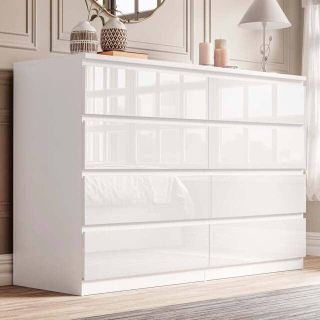 High Gloss Wide 8 Drawer Chest of Drawers - Bedroom Dresser - White