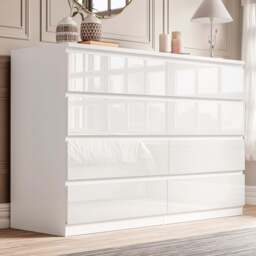 High Gloss Wide 8 Drawer Chest of Drawers - Bedroom Dresser - White