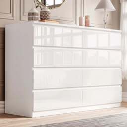High Gloss Wide 8 Drawer Chest of Drawers - Bedroom Dresser - White
