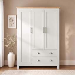 Shaker Triple Wardrobe With Drawers And Shelves - White