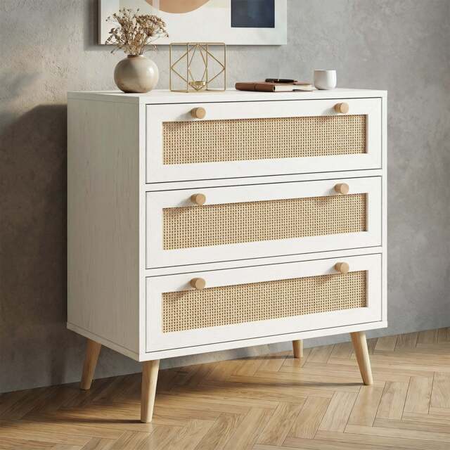 Wovena Rattan 3 Chest of Drawers, Pine legs - White