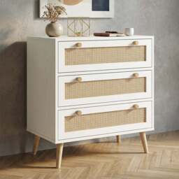 Wovena Rattan 3 Chest of Drawers, Pine legs - White