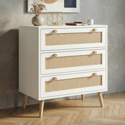 Wovena White Rattan 3 Chest of Drawers, Pine legs